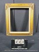 GOLD PAINTED, W/ LINEN INLAY, CARVED ORNATE WOODEN FRAME 23 X 27