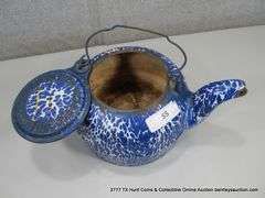 OLD ENAMEL TEAPOT, METAL/ENAMEL (9" X 6 1/4")