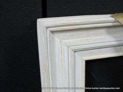 BEIGE & WHITE PAINTED, W/ LINEN INLAY, CARVED WOODEN FRAME 11 X 13