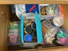 CONTENTS OF DRAWER: GLITTER, PENCILS, BEADS, CD'S, ETC