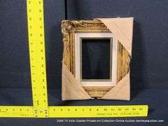 GOLD PAINTED, W/ LINEN INLAY, CARVED ORNATE WOODEN FRAME 10 X 12