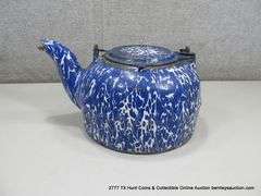 OLD ENAMEL TEAPOT, METAL/ENAMEL (9" X 6 1/4")