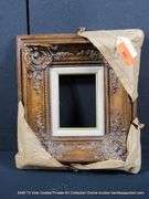 BRONZE PAINTED, W/ LINEN & GOLD PAINTED INLAY, CARVED ORNATE WOODEN FRAME 15 X 17