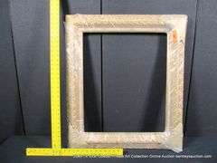 WHITE-WASH & GOLD PAINTED, W/ LINEN INLAY, CARVED ORNATE WOODEN FRAME 27 X 31