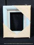 BABY BLUE & WHITE PAINTED, W/ LINEN INLAY, CARVED WOODEN FRAME 9 X 11