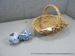 1-BASKET, 2 BLUE & WHITE BALLS (3 1/4"), 3 X MONEY