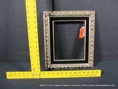 SILVER PAINTED, W/ BLACK VELVET INLAY, CARVED WOODEN FRAME 13 X 15