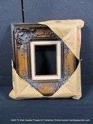 DARK-STAINED, W/ LINEN INLAY, CARVED ORNATE WOODEN FRAME 15 X 17