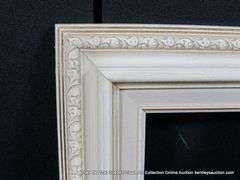 WHITE PAINTED, W/ LINEN INLAY, CARVED WOODEN FRAME 11 X 13