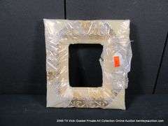 GOLD PAINTED, W/ LINEN INLAY, CARVED ORNATE WOODEN FRAME 17 X 19