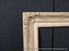 WHITE-WASH & GOLD PAINTED ACCENTS, W/ LINEN INLAY, CARVED ORNATE WOODEN FRAME 28 X 35