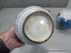 BLUE & WHITE 8" X 5" VASES: 1-ASIAN VINTAGE ANTIQUE, 1-VICTORIAN WARE 9 1/8" X 5" VINTAGE  (2 X MONE