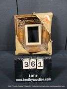 BRONZE PAINTED, W/ LINEN & GOLD PAINTED INLAY, CARVED ORNATE WOODEN FRAME 15 X 17