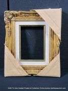 GOLD PAINTED, W/ LINEN INLAY, CARVED ORNATE WOODEN FRAME 10 X 12