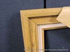 STAINED WALNUT, W/ GRAY VELVET INLAY, CARVED WOODEN FRAME 14 X 16