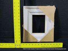 BEIGE & WHITE PAINTED, W/ LINEN INLAY, CARVED WOODEN FRAME 11 X 13
