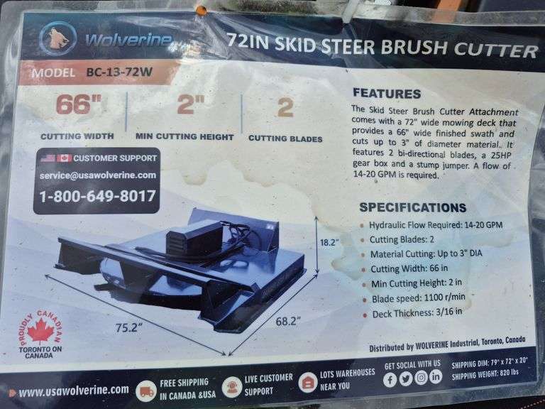 2025 WOLVERINE SKID STEER BRUSH CUTTER ATTACHMENT MODEL: BC-13-72W, 72"