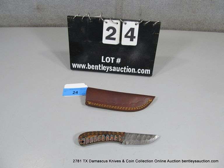 KNIFE 3" BLADE DAMASCUS FINISH - ORANGE & BLACK HANDLE W/ SHEATH