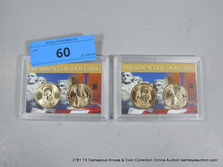 WHITMAN DISPLAY - PRESIDENTIAL GOLDEN DOLLARS - (2) JOHN ADAMS, (2) JAMES MADISON (4 COINS TOTAL)