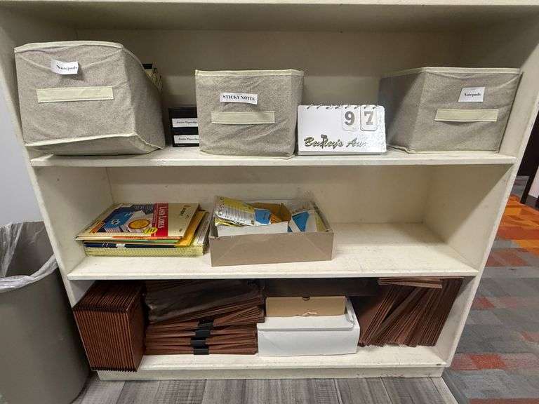 WOOD SHELF W/ CONTENTS OF OFFICE SUPPLIES