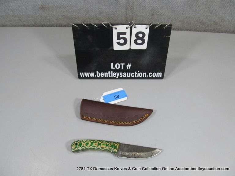 KNIFE 3-1/2" BLADE DAMASCUS FINISH - GREEN & WHITE HANDEL W/ SHEATH