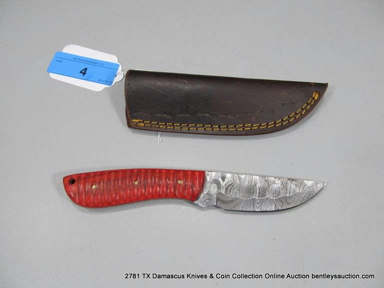 KNIFE 4" BLADE DAMASCUS FINISH - RED HANDLE W/ SHEATH
