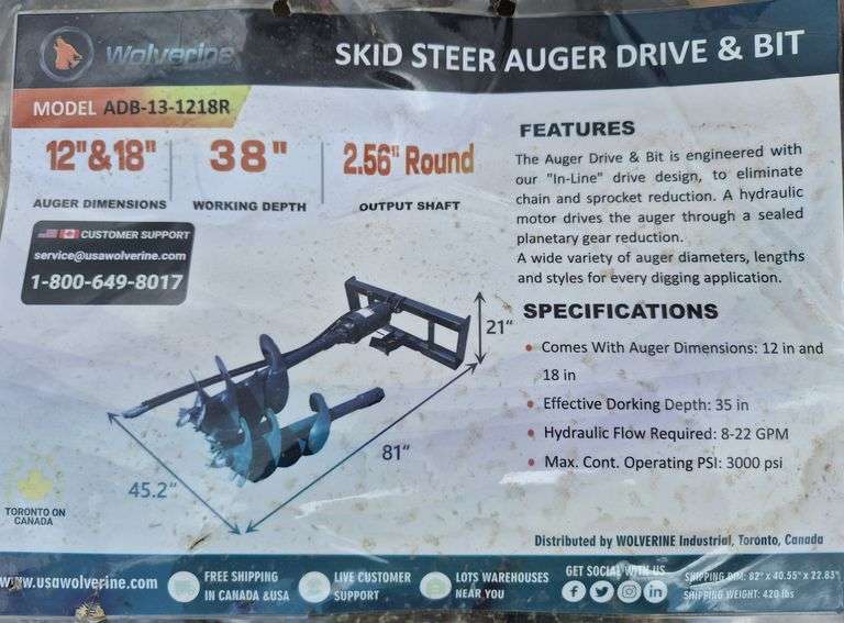 2025 WOLVERINE SKID STEER AUGER DRIVE & BIT ATTACHMENT MODEL: ADB-13-1218R,