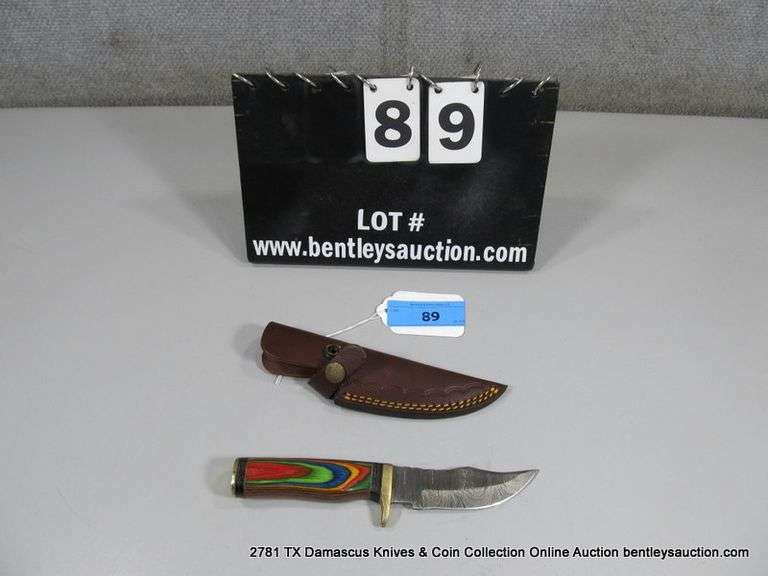 KNIFE 4" BLADE DAMASCUS FINISH - RED, GREEN, BLUE & YELLOW HANDLE W/ SHEATH