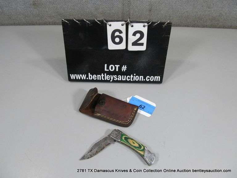 KNIFE 3" FOLDING BLADE DAMASCUS FINISH - GREEN & WHITE HANDLE W/ CASE