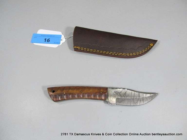 KNIFE 3-3/4" BLADE DAMASCUS FINISH - BROWN HANDLE W/ SHEATH