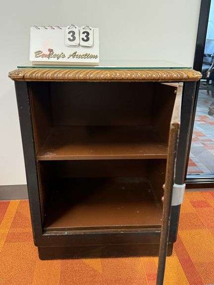 BLACK METAL 1-DOOR CABINET W/ CARVED WOOD TOP