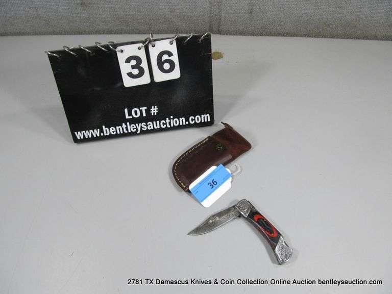 KNIFE 3" FOLDING DAMASCUS FINISH - RED & BLACK HANDLE W/ CASE