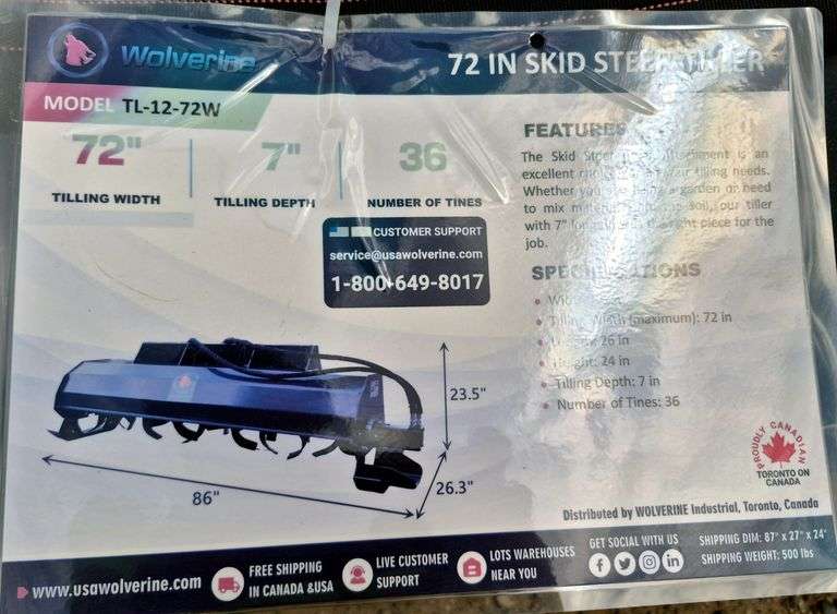 2025 WOLVERINE SKID STEER TILLER ATTACHMENT MODEL: TL-12-72W,