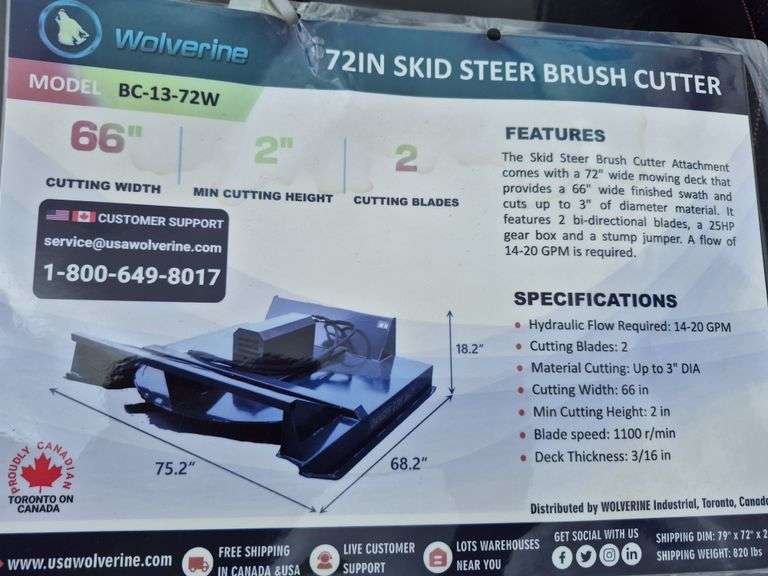 2025 WOLVERINE SKID STEER BRUSH CUTTER ATTACHMENT MODEL: BC-13-72W, 72"