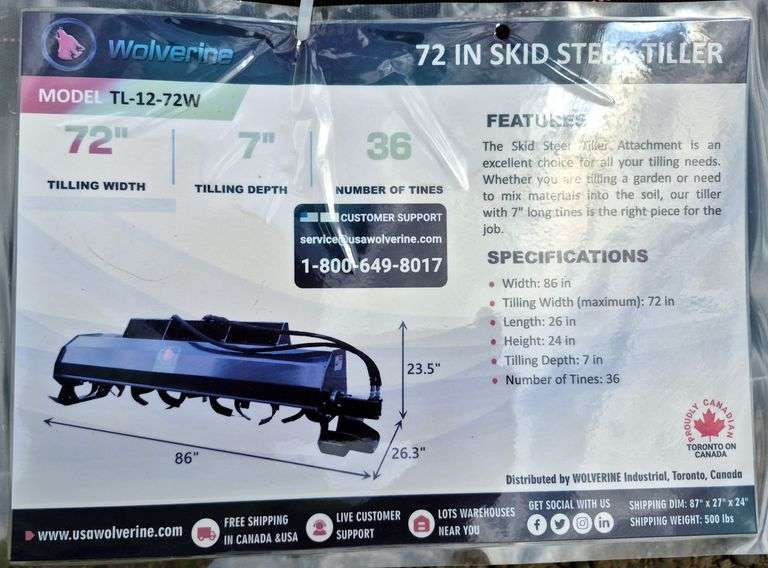 2025 WOLVERINE SKID STEER TILLER ATTACHMENT MODEL: TL-12-72W,