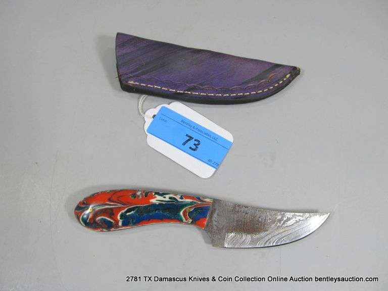 KNIFE 3" BLADE DAMASCUS FINISH - RED, GREEN, BLUE & WHITE HANDLE W/ SHEATH