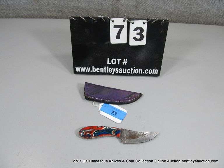 KNIFE 3" BLADE DAMASCUS FINISH - RED, GREEN, BLUE & WHITE HANDLE W/ SHEATH