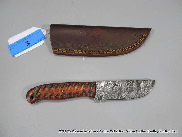 KNIFE 3-3/4" BLADE DAMASCUS FINISH - ORANGE & BLACK HANDLE W/ SHEATH