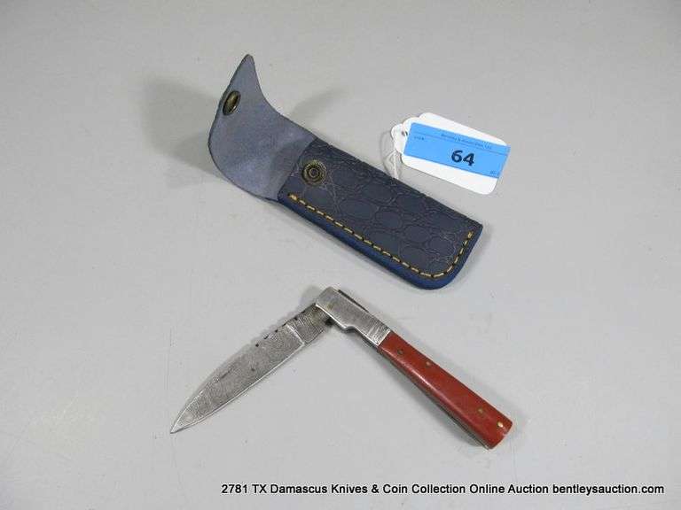 KNIFE 3-1/2" FOLDING BLADE DAMASCUS FINISH - RED HANDLE W/ CASE