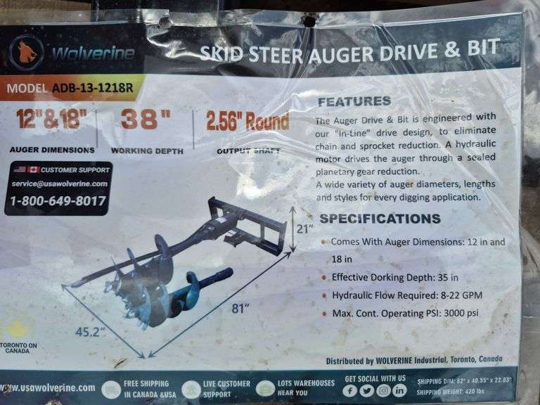 2025 WOLVERINE SKID STEER AUGER DRIVE & BIT ATTACHMENT MODEL: ADB-13-1218R,