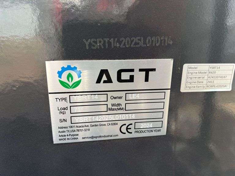 2024/2025 AGT SKID STEER LOADER MODEL: YSRT14 - RATO GASOLINE ENGINE, S/N: YSRT142025L010114