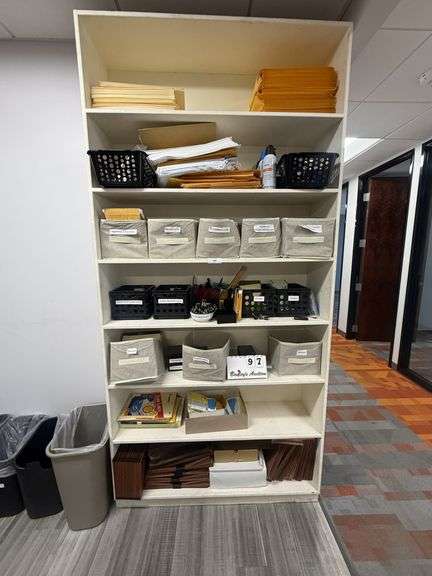 WOOD SHELF W/ CONTENTS OF OFFICE SUPPLIES