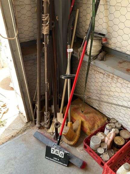 LOT: ASSORTED BROOM, ELECTRIC WEEDEATER, SAKRETE, ROPE, DRAPE RODS ...