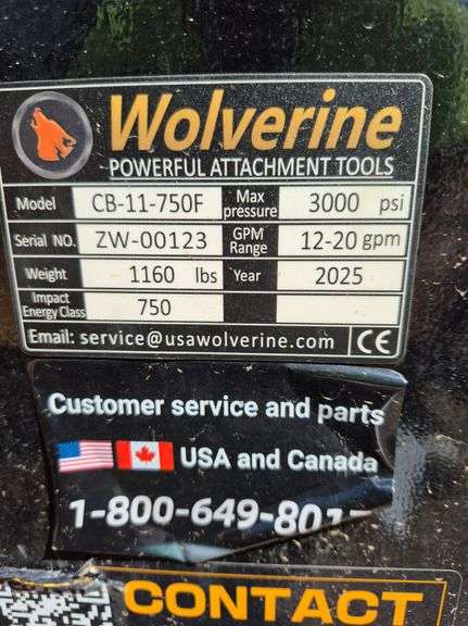 2025 WOLVERINE SKID STEER CONCRETE BREAKER ATTACHMENT MODEL: CB-11-750F