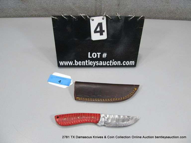 KNIFE 4" BLADE DAMASCUS FINISH - RED HANDLE W/ SHEATH