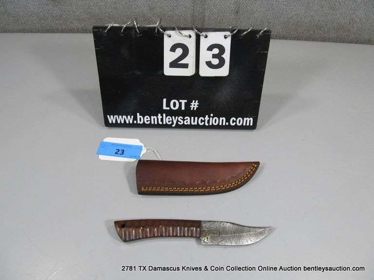 KNIFE 3-1/2" BLADE DAMASCUS FINISH - BROWN HANDLE W/ SHEATH