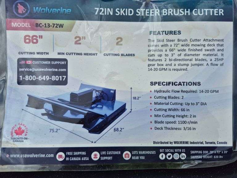 2025 WOLVERINE SKID STEER BRUSH CUTTER ATTACHMENT MODEL: BC-13-72W, 72"