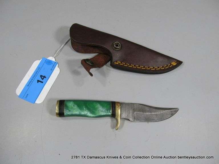 KNIFE 3" BLADE DAMASCUS FINISH - GREEN HANDLE & CASE