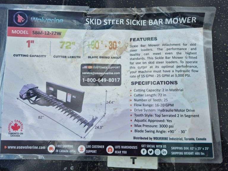 2025 WOLVERINE SKID STEER SICKLE BAR MOWER MODEL: SBM-12-72W,