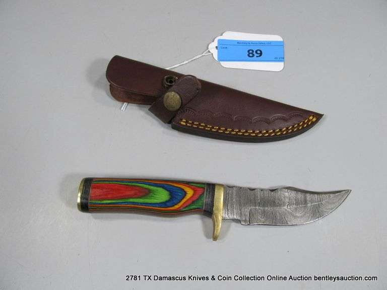 KNIFE 4" BLADE DAMASCUS FINISH - RED, GREEN, BLUE & YELLOW HANDLE W/ SHEATH